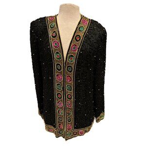 Vintage Lawrence Kazar New York Beaded Jacket XL Black & Gold With Multicolored